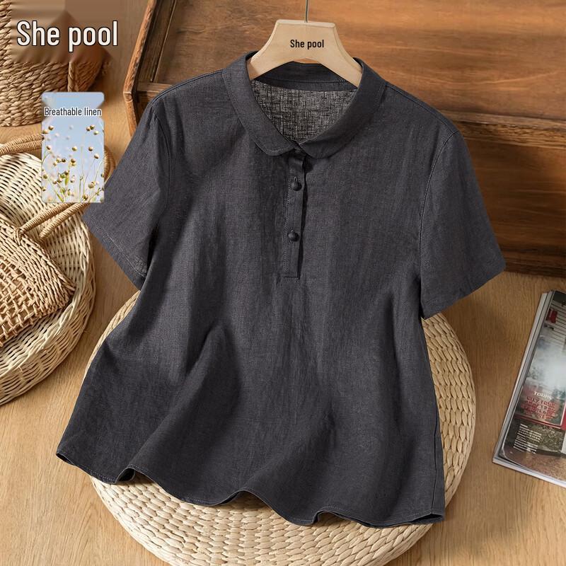 Women s Linen Polo Half-Button Short-Sleeve Shirt темно серый