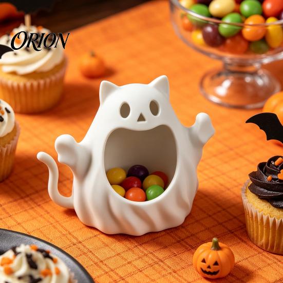 PLA Material Craft Decor 3D Printed Halloween Ghost Cat Storage Holder, Decorative Kitten Statue with Trendy Desktop Container Hollow Storage,