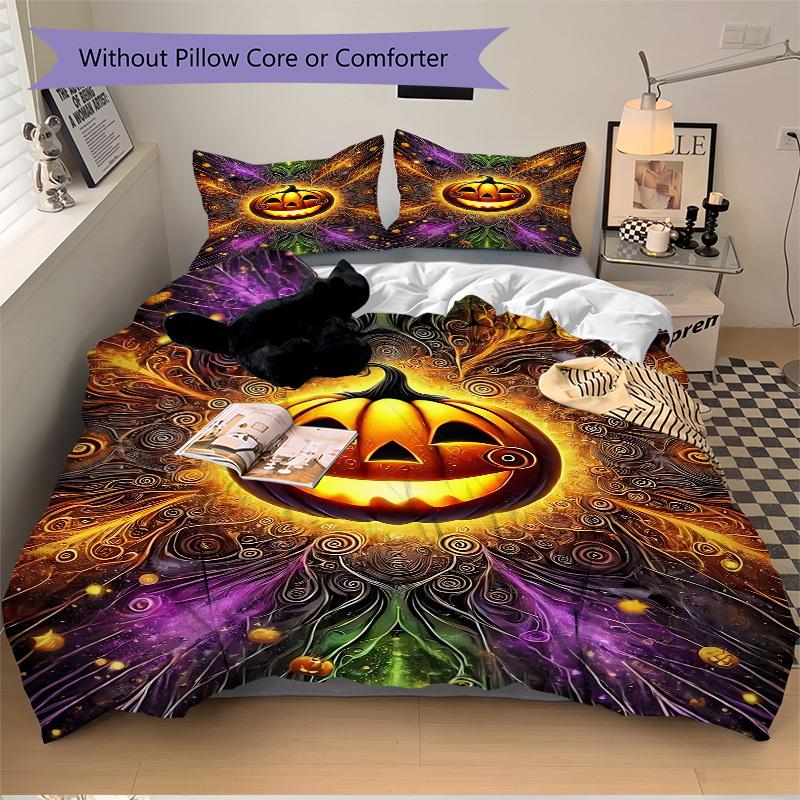 3pcs Pumpkin Halloween Bedding Set, Includes 1 Comforter + 2 Pillowcases, Without Pillow Inserts, Soft Comfortable, Lightweight Breathable,
