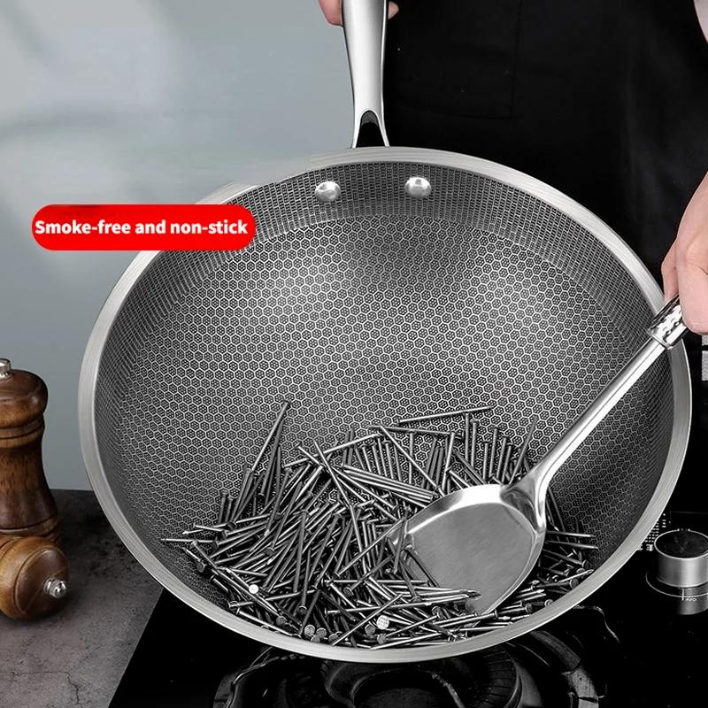 Non-stick Thick Honeycomb Handmade Uncoated Stainless Steel Wok Non-stick 304 Stainless Steel Gas/induction Cooker Pan