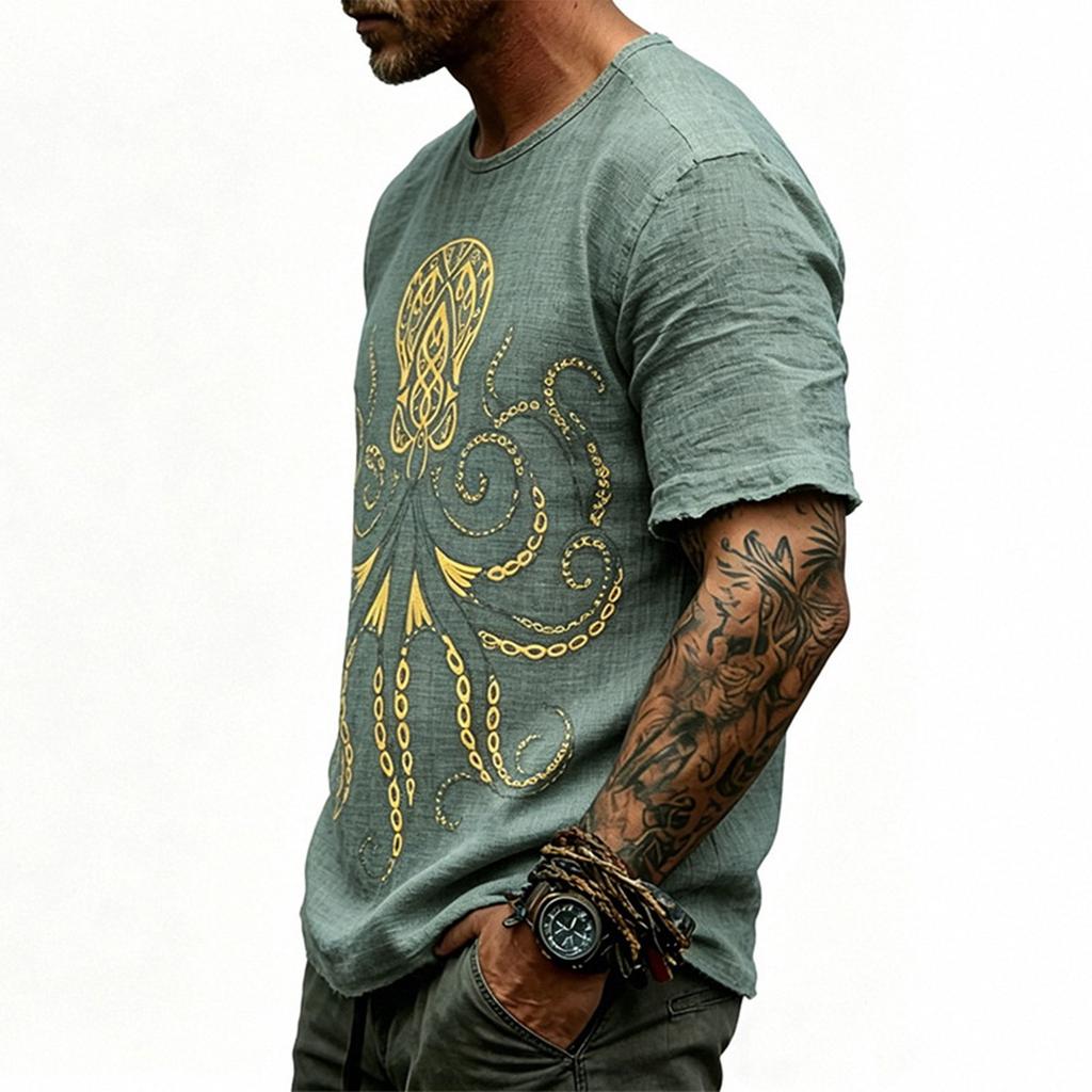 Men's Linen Short Sleeve T Shirt with Print Crew Neck Casual Loose Fit Lightweight Summer Top for Everyday Wear