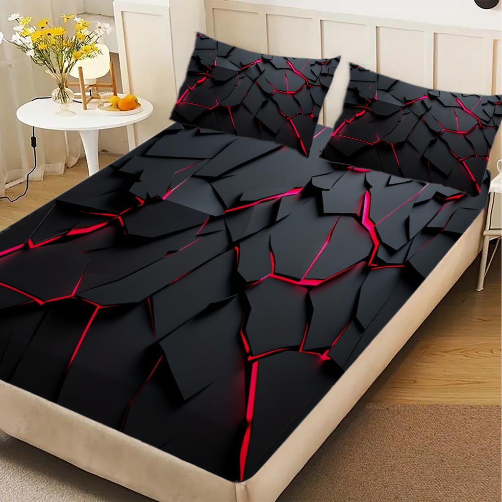 3pcs Honeycomb Pattern Fitted Sheet 3D Printed Black And Red Geometric Flat Sheet Sets With Pillowcases No Filling Vivid Visual