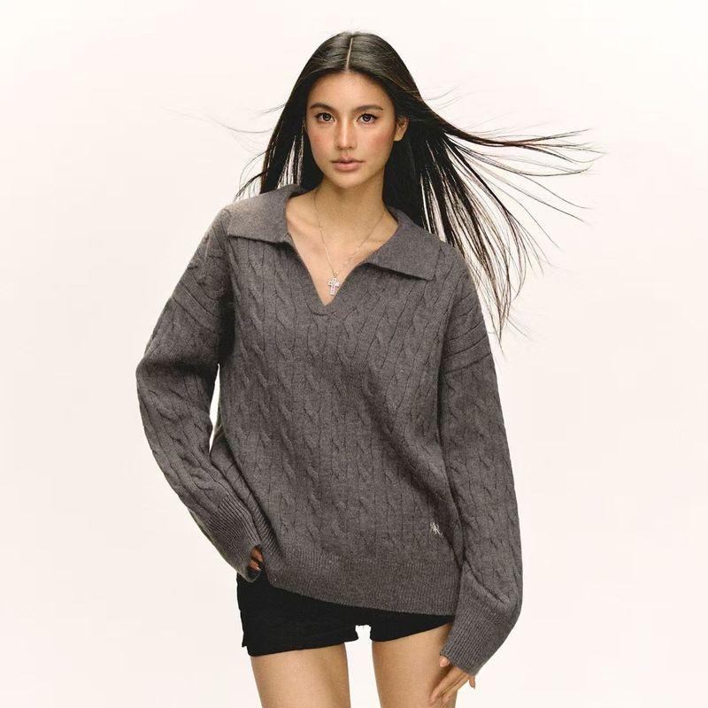 

Fashion New Arrival Fashion Elegant Lapel Long Sleeves Knitting Sweater Loose All-Matching Top Knitted Sweater Grey All yards