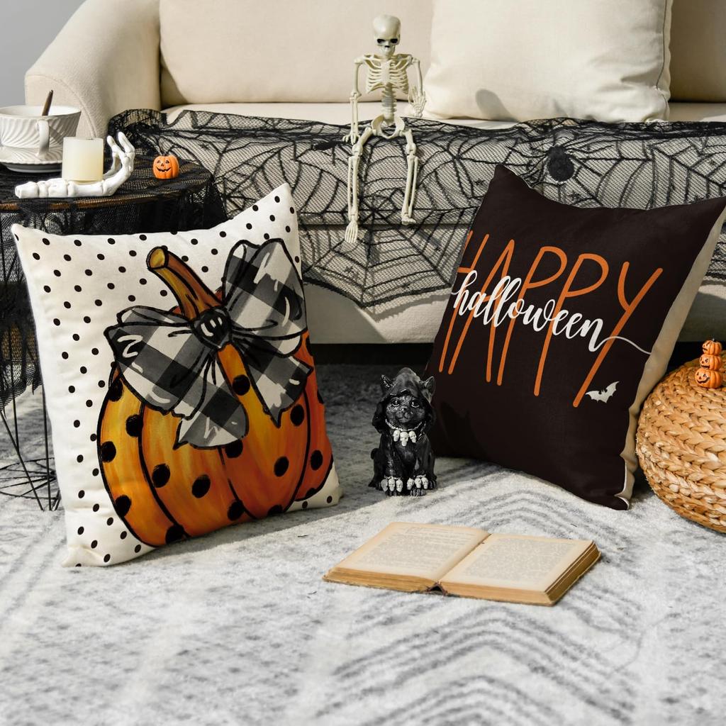AVOIN colorlife Happy Halloween Cute Ghost Trick or Treat Throw Pillow Covers, 18 x 18 Inch Polka Dot Pumpkin Bat Cushion Case for Sofa Couch Set of