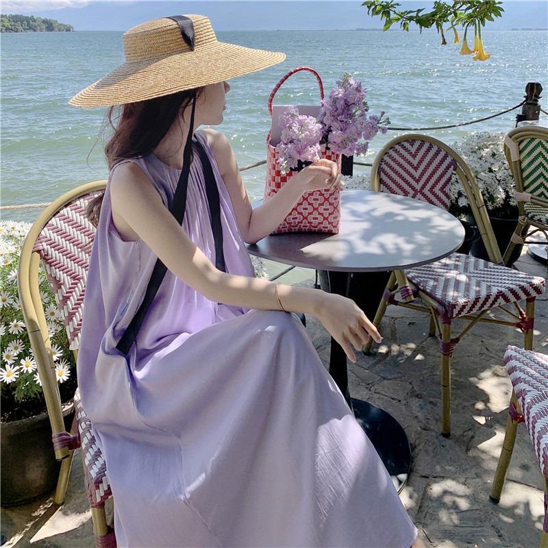Summer New Sleeveless Casual Loose Purple Dress Women Fashion Plus Size A Line Beach Vacation Dresses Women Solid Pleated Round Neck Long Dress 26368
