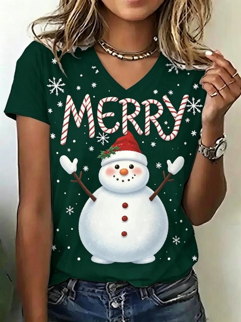 Women V‑Neck Short Sleeve T‑shirt Christmas Candy Cane Letter Graphic Print Xmas Holiday Party Casual Daily Tee Top