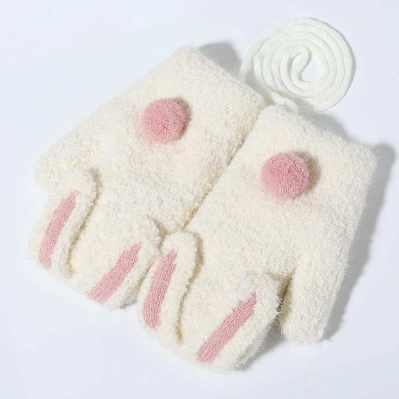 Kids Winter Warm Fleece Lined Knit Gloves With Rabbit Design Girls Age 2-5 Windproof Full Finger Mittens Wrist Strap