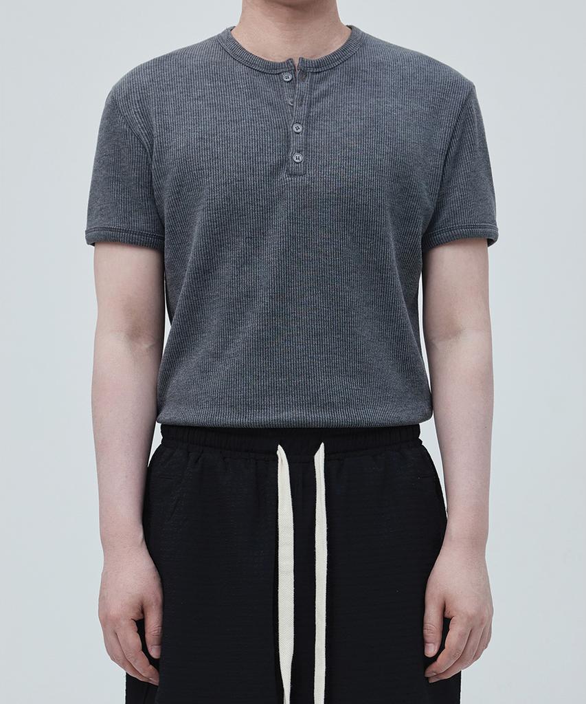 OX STUDIOS Ribbed Semi-Muscle Fit Henley Neck T-Shirt (Charcoal)