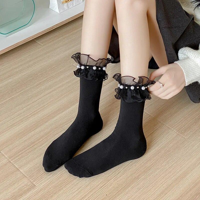 JK Japanese Style Pearl Kawaii Cute Princess High Long Sock Autumn Children White Lolita Girls Lace with Ruffles Stocking