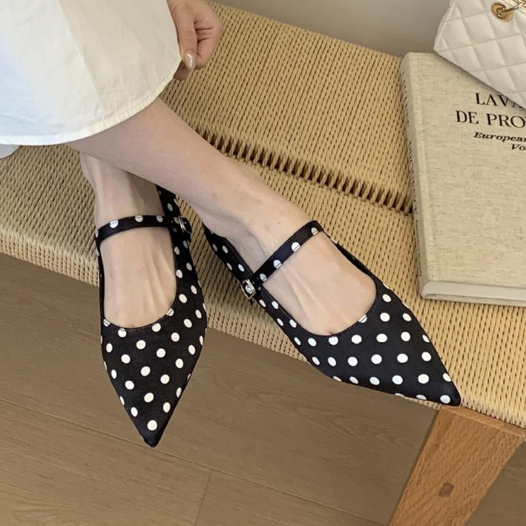 Spring French Polka Dot Pointed Head Word With High Heels Single Shoes Shallow Mouth Mary Jane Shoes Temperament Women'S Shoes