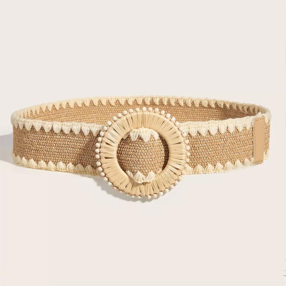 Vintage Woven Boho Straw Weave Belt Retro Hollow Out Bohemian Style Belt Wide PU Leather Ethnic Style Waistband Dress Decoration
