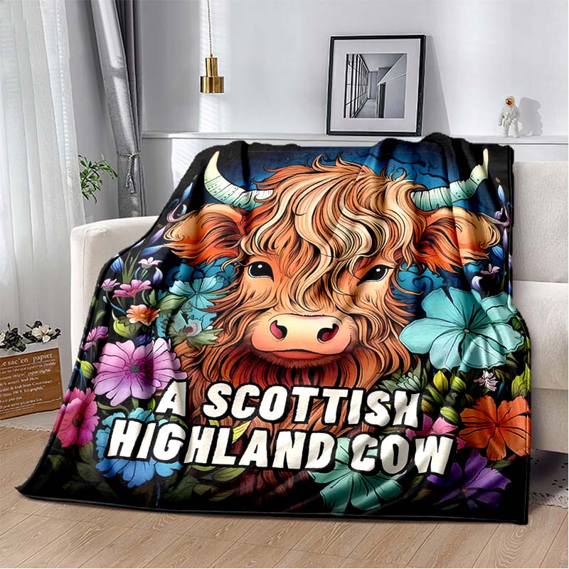 Cute Highland Cow in Purple Truck Print Flannel Blanket, Floral Farm Animal Throw Blanket