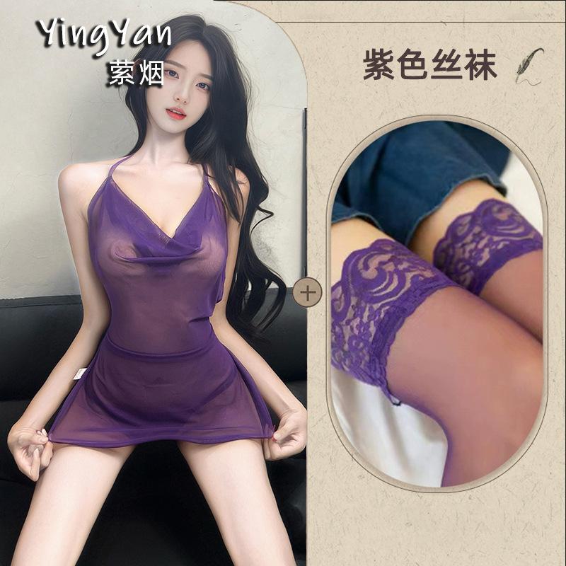 Sex underwear new high-end pajamas sexy pure wind ice silk mesh nightdress hot perspective suspender uniform