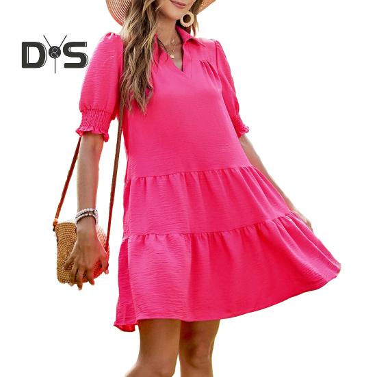 Women's Summer Swing Dress V Neck Short Sleeve Pleated Midi Dress with Lapel Collar Casual Beach Flowy A-Line Sundress