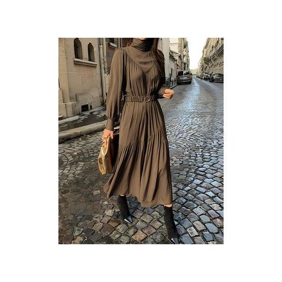 Lily of Valley Lily of Valley High Neck Gathered Tiered Long Dress Casual Long Sleeve Adult Cute Elegant (BR)