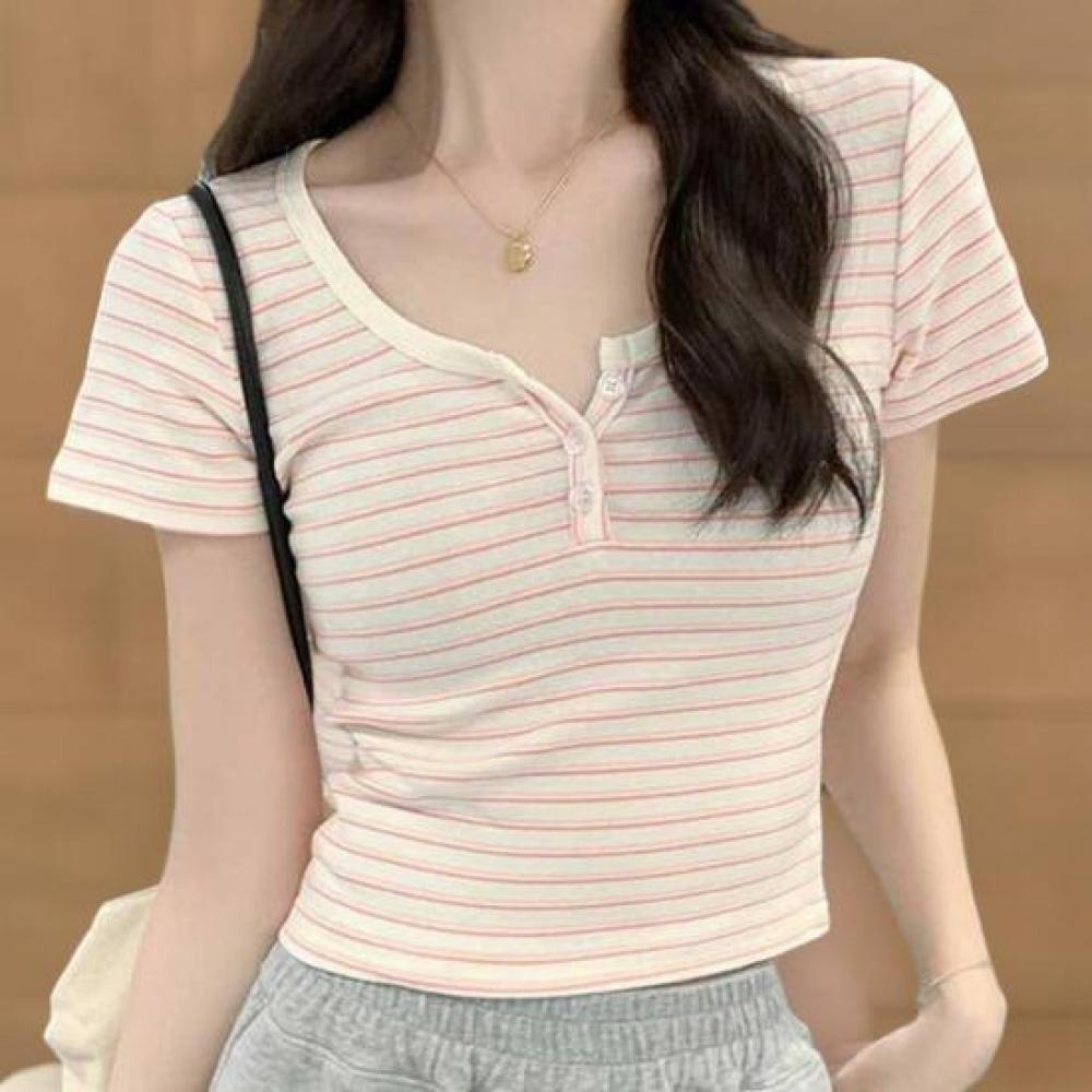 New Arrivals Open Run Women Color Block STripe Cropped T shirT