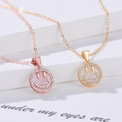 Japanese and Korean Temperament Style Personalized Diamond-encrusted Round Smiley Face Necklace Pendant Female Simple Collarbone Chain Jewelry