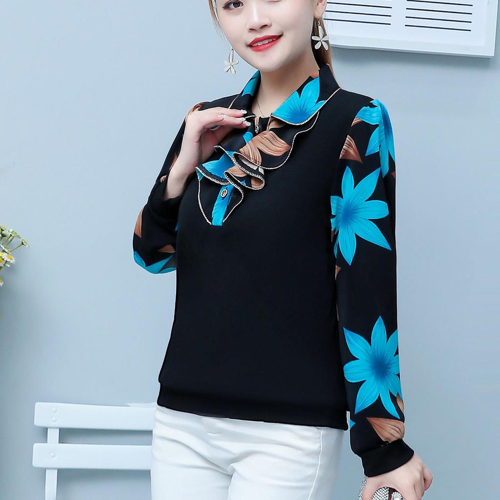 M-5XL primavera otoño nueva camisa con cuello tipo Polo para mujer moda mamá blusa de manga larga Camiseta holgada con estampado
