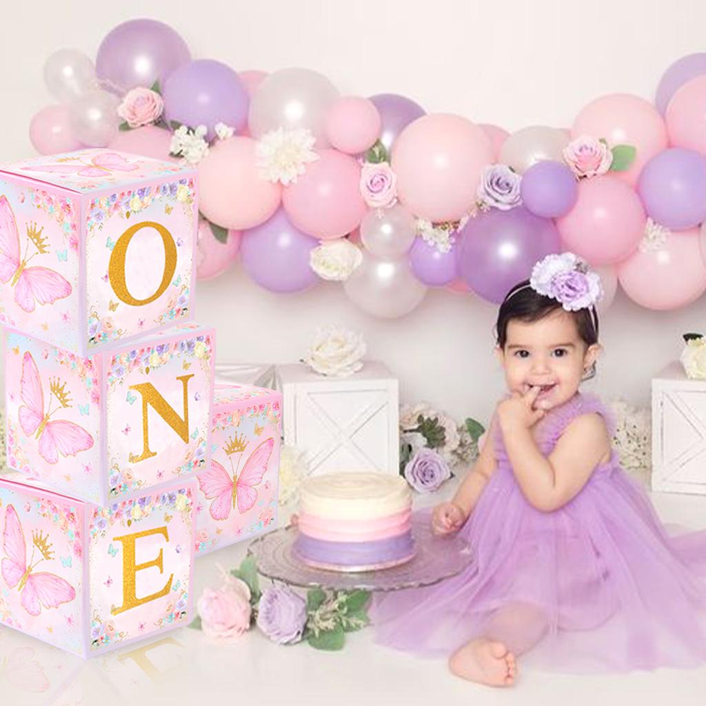 4pcs Baby Shower Boxes Pink Butterfly Balloon Boxes with Printed BABY Letters Blocks Boy Girl Gender Reveal Birthday Favor