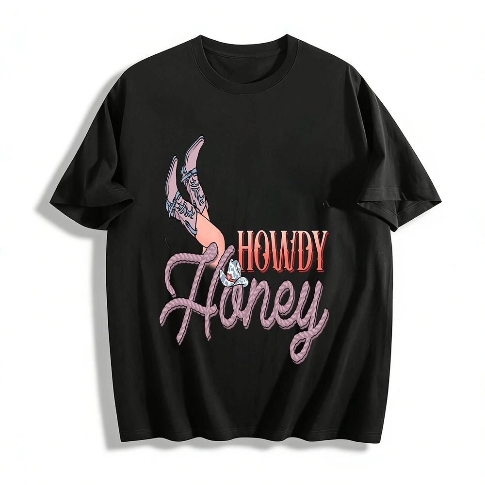 Women s Western Style Howdy Honey Graphic Casual Cowboy Top Pure cotton T-shirt XXS