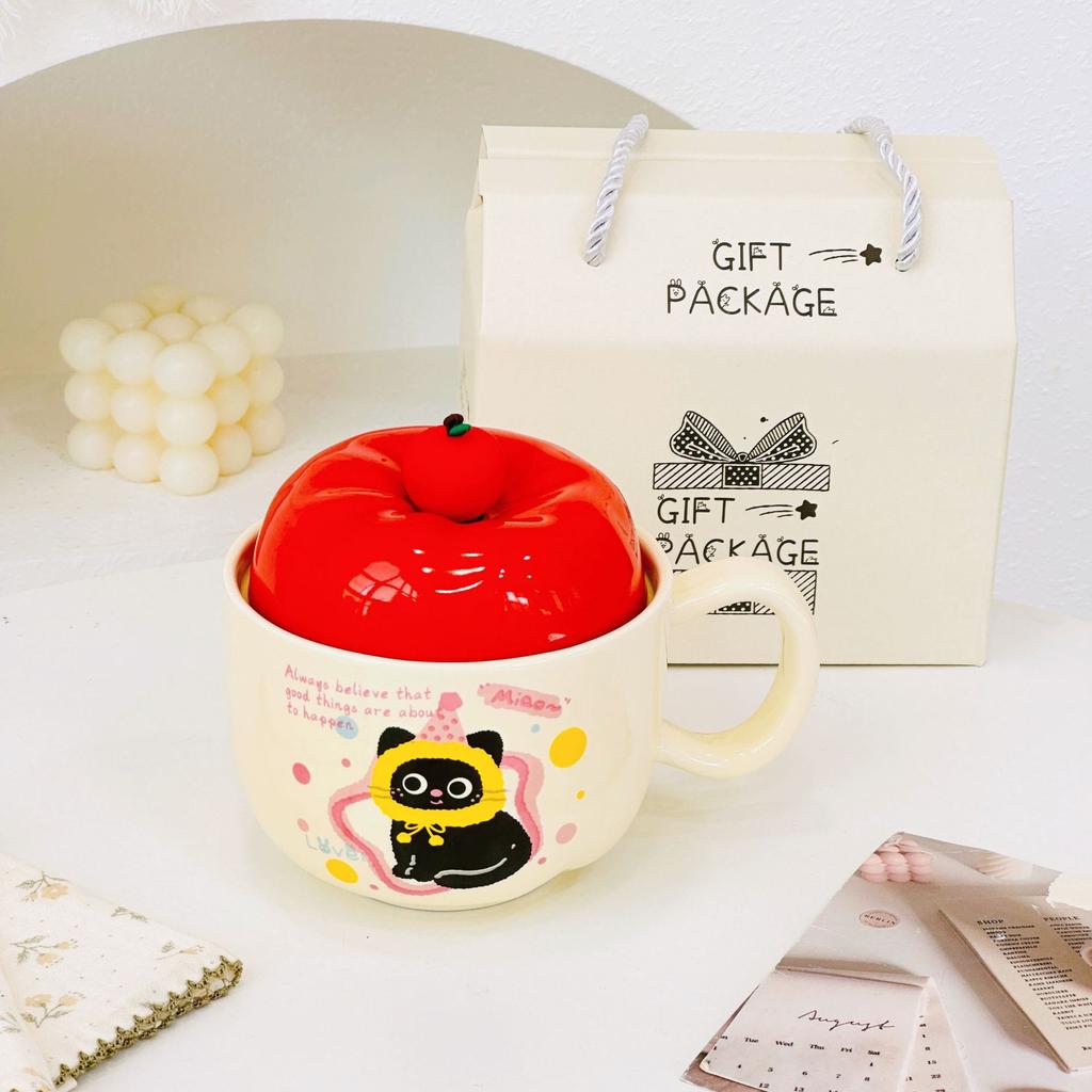 Apple Cat Red Souvenir Set Cartoon Cute Festive Ceramic Cup with Lid Spoon Mug Personalized Hand Cup