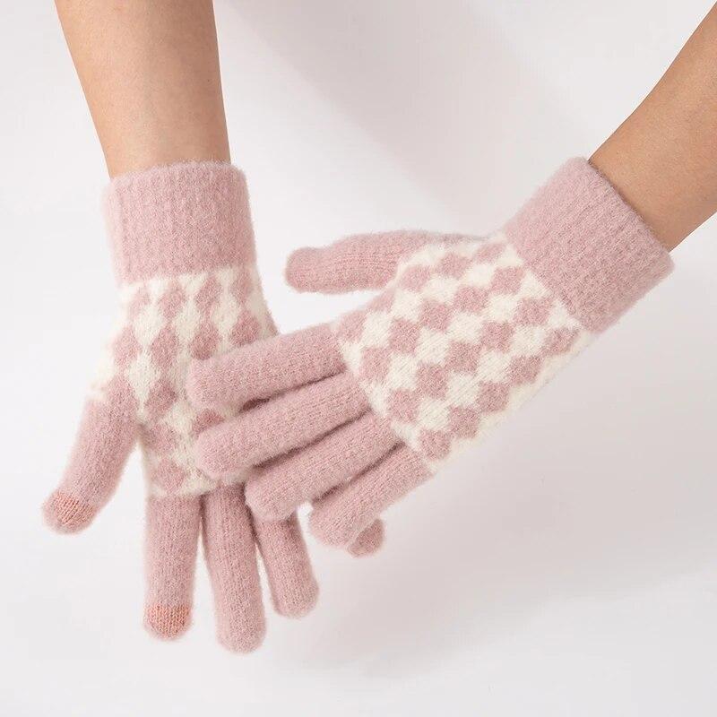 Kadın Eldiven Kış Dokunmatik Ekran Streç Örme Eldivenler Kadın Ekose Tam Parmak Açık Sıcak Eldiven Tutmak