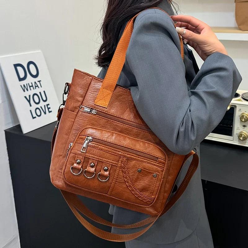 PU Fashion Youth Ladies Top-Handle Bags Versatile Zipper Crossbody Bags for Women  Commuting Sewing Thread