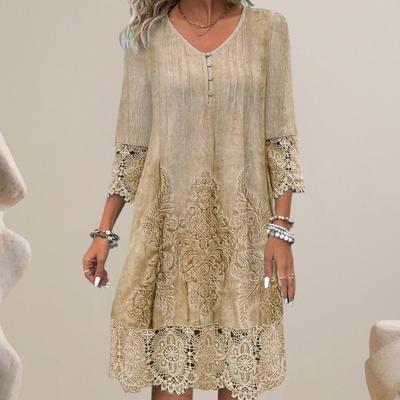 Sommerkleid für Damen, V-Ausschnitt, ausgehöhlte Spitze, Knöpfe, Dreiviertelärmel, Stickerei, einfarbig, lockere Knielänge, Retro-Midikleid