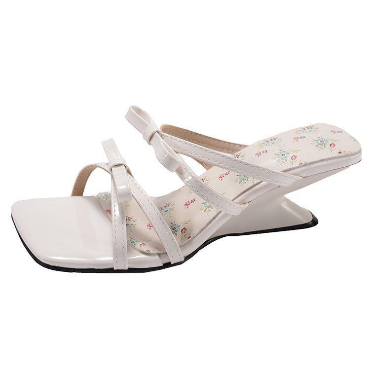 French Niche One-word with Open-toed Bow Slippers Women's Summer Wear High Heels Wedge Heel with Skirt