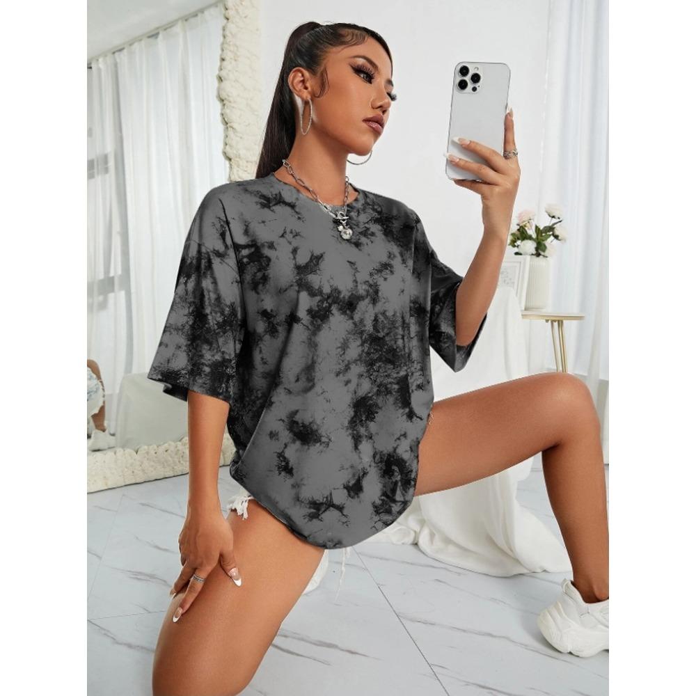 

2025 Лето Новые женские тай-дай принт повседневные модные тенденции женские с коротким рукавом 2XL серый