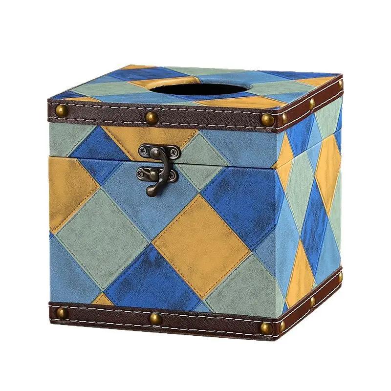 Classic Contrast Color Creative Tissue Box Indoor Desktop Leather Carton Square Light Luxury Household Napkin Carton
