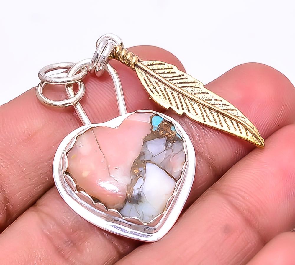 

Copper Pink Opal With Kingman Blue Turquoise 925 Silver Pendant 1.76 P64