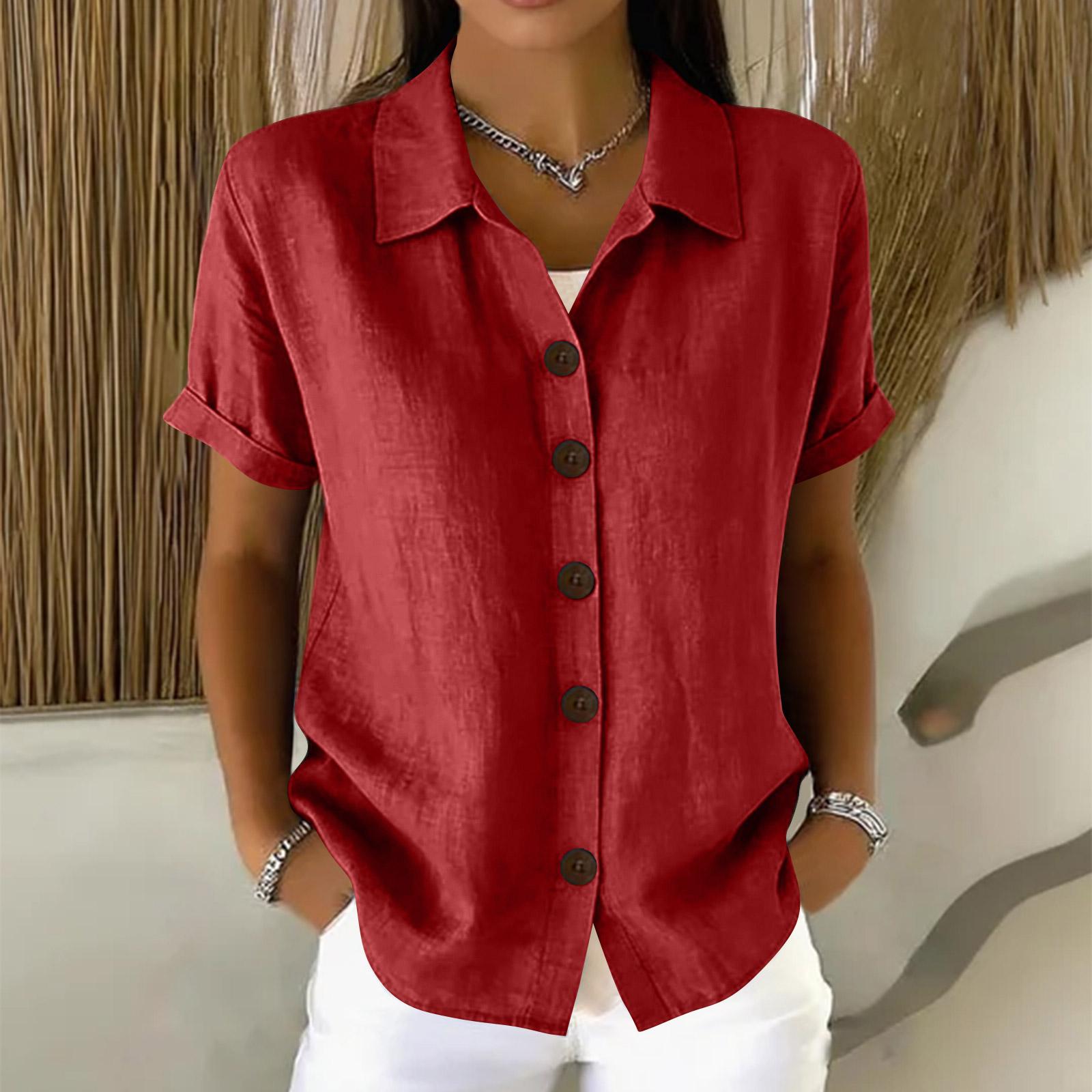 Women s Casual Comfortable Button Cotton Linen Short Sleeve Shirt Top L