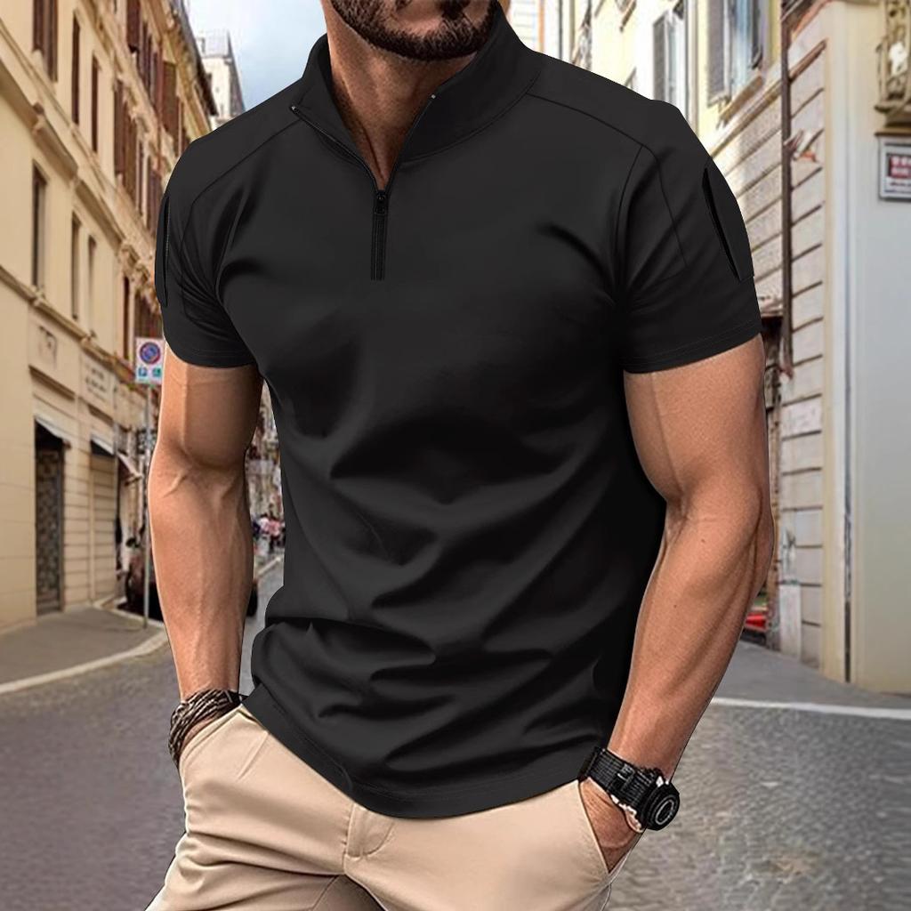 Men's T-shirt: Summer Casual Tactical Training Style with Patch Pockets on the Sleeves, Stand-up Collar, Plain Colour, Short-sleeved Polo Shirt