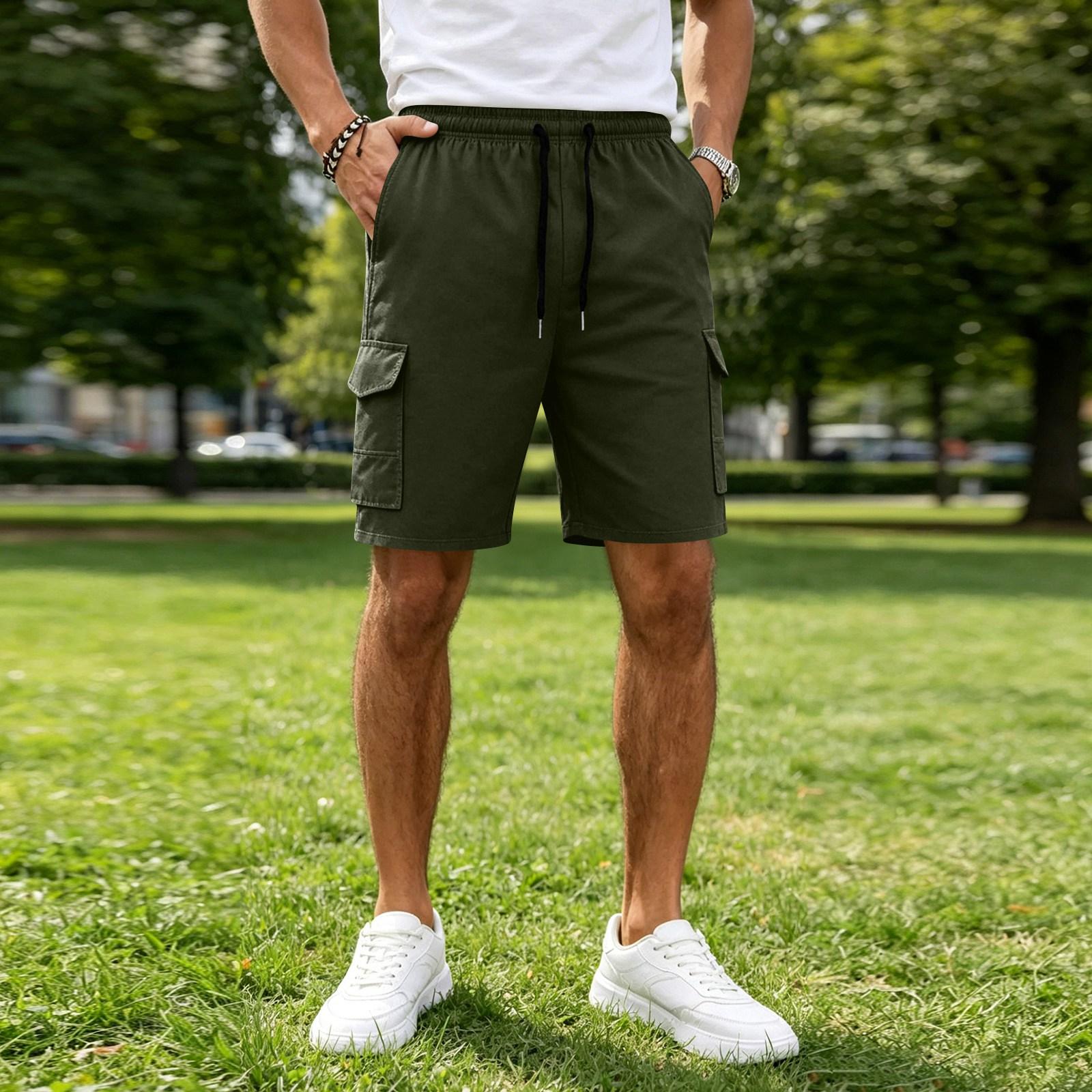Men s Multi Pocket Cargo Shorts Loose Fit Gym Shorts Casual Sportswear Drawstring Waist Mid Length Shorts L