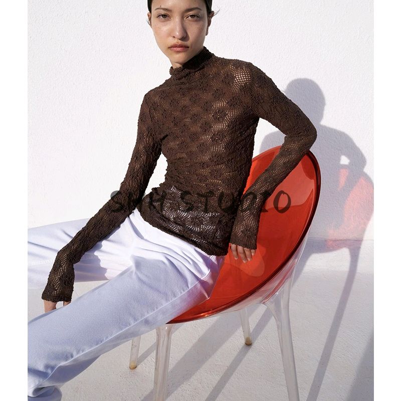Spring New Women's Clothing French Style Design Pure Color Lace Long Sleeves Turtleneck Basic Style Tops 4886002