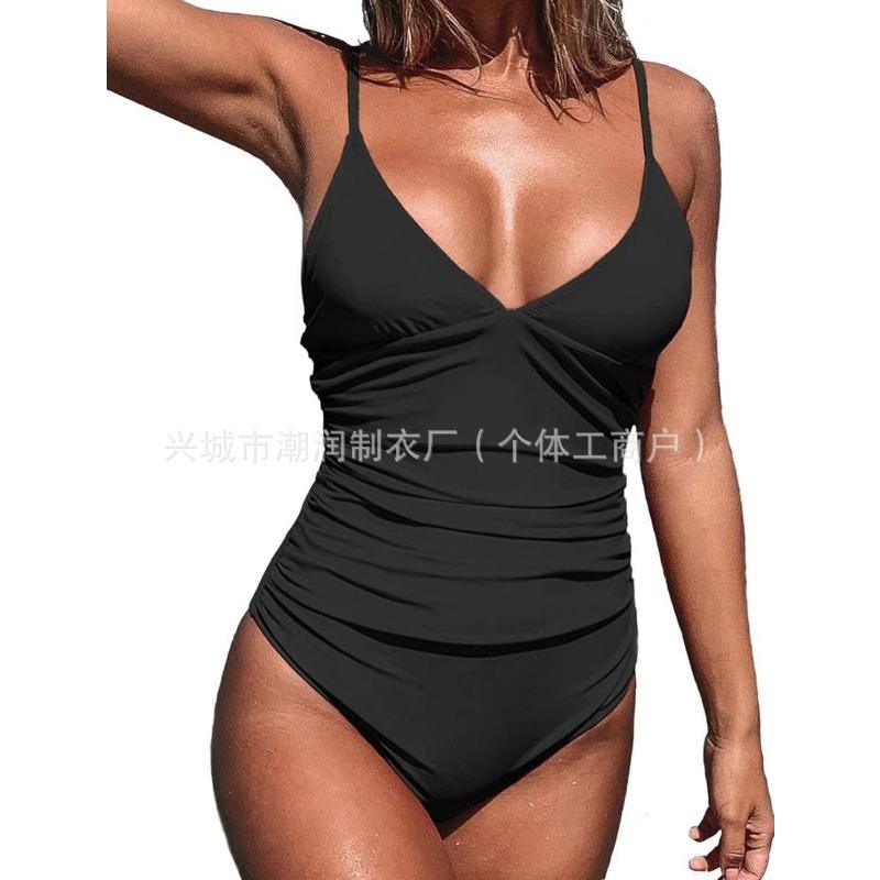 

New women s sexy belly one-piece v-neck gathering sexy swimsuit multi-color swimsuit XXXL чорний