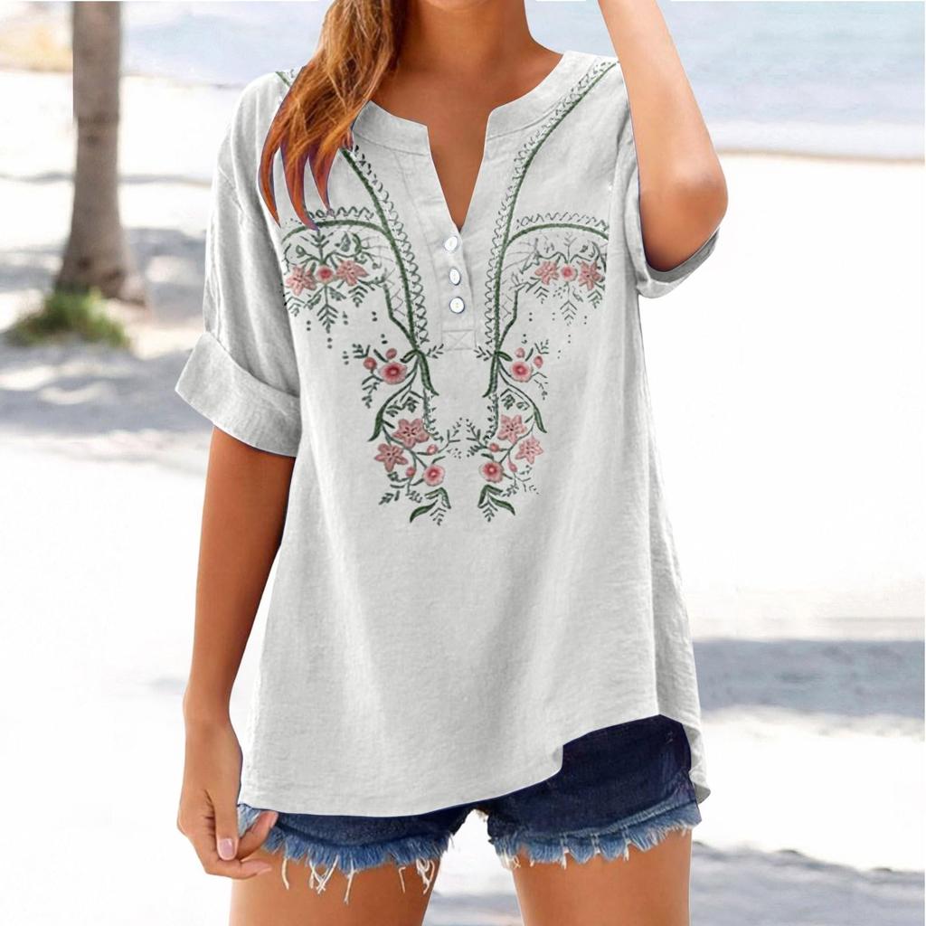 Haut T-shirt Décontracté Tendance pour Femme Coupe Ample Col en V Boutonné Brodé