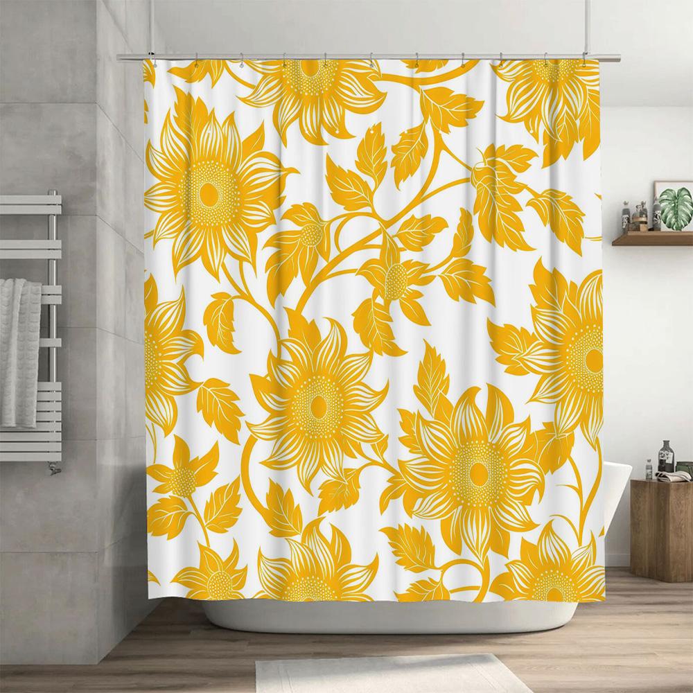 Sunflower Bath Mat Shower Curtain Set Home Decor Waterproof Fabric Printed Window Treatment 210x185cm White Yellow
