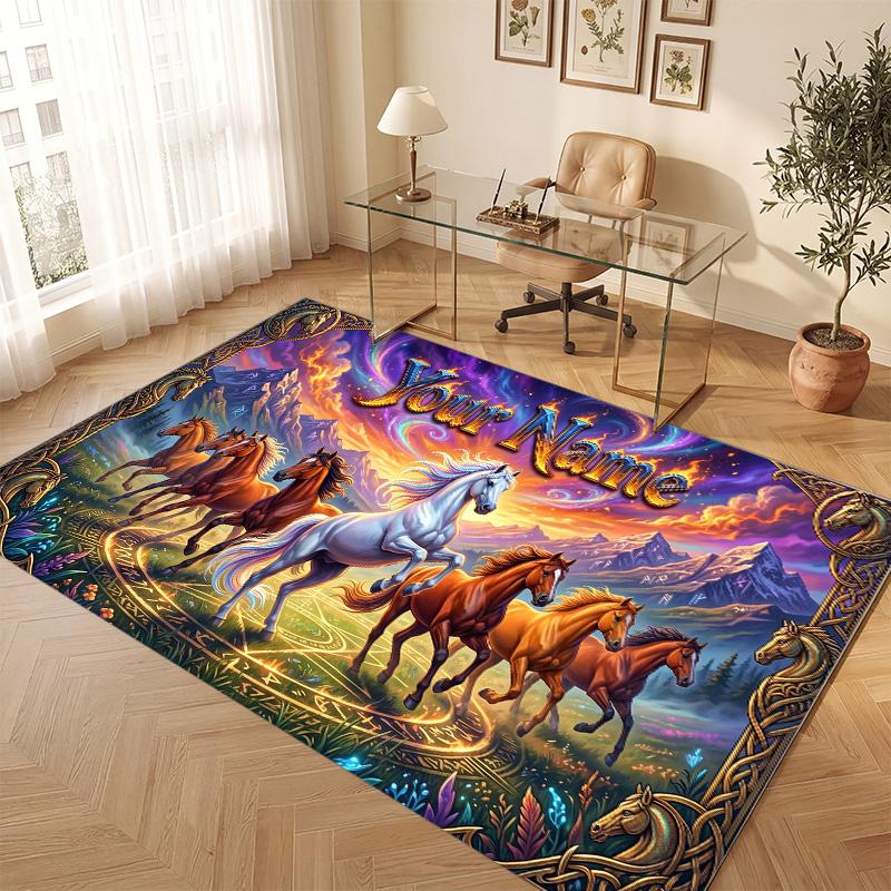 Horse Theme Soft Crystal Velvet Rug Custom Name & Text Print Non Slip Floor Rug for Bedroom Living Room