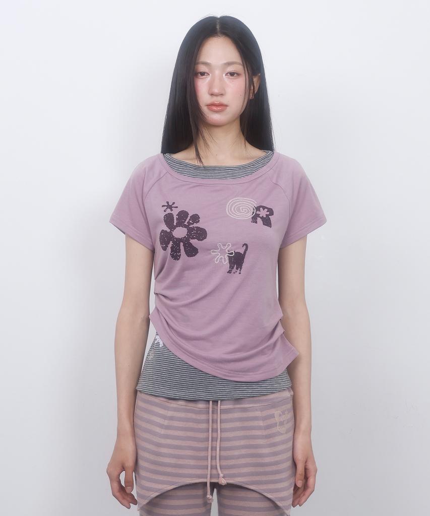 LMR Motif Embroidered Striped Layered T-Shirt Purple Pink