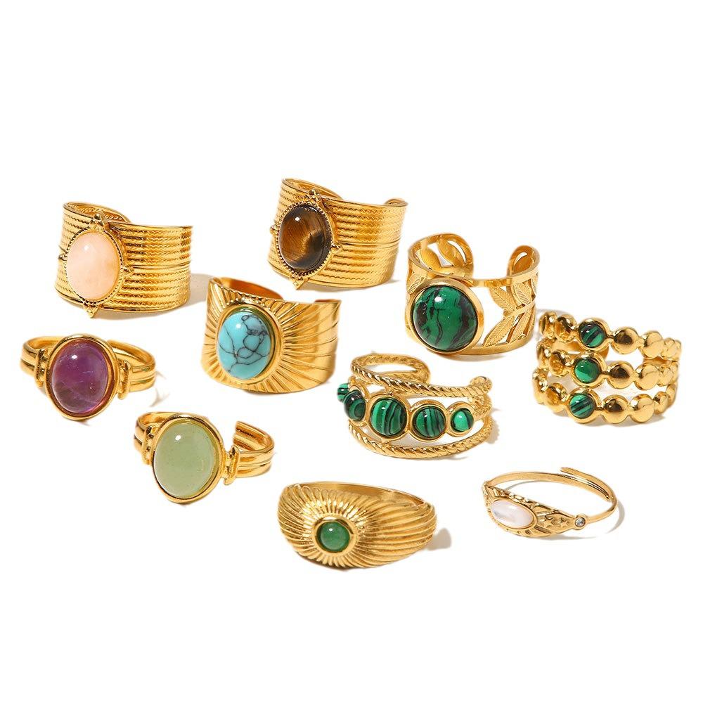 18k Gold Plated Retro Gemstone Ring - European & American Style Stainless Steel Jewelry for Women