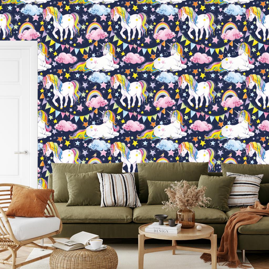 Wallpaper Colorful Unicorns and Rainbows for Living Room and Bedroom 50x1000