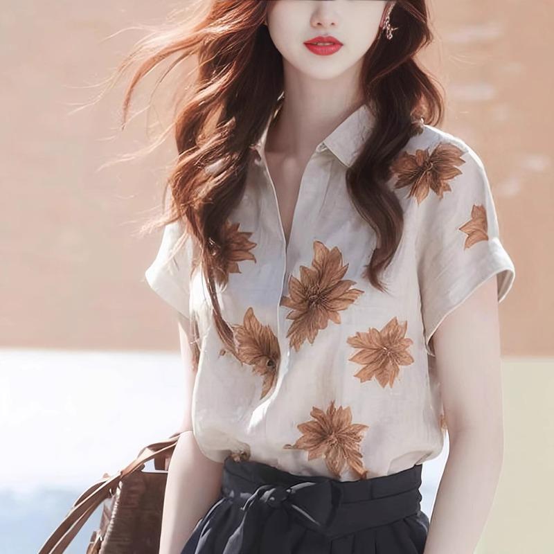 

Women Beige Linen Blend Floral Print Short Sleeve Button Down Casual Summer Blouse S