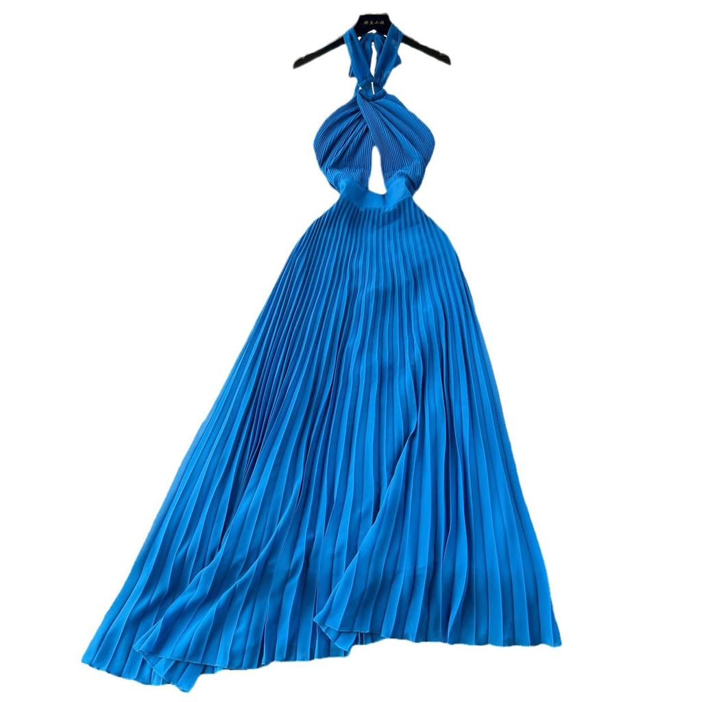 Sanya seaside vacation wear sexy backless scheming hollow neck dress women's pleated long pleated skirt