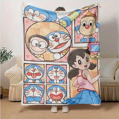 1pc Cozy Doraemon Home Decor Blanket: Perfect Gift for Bedroom, Living Room, Travel, Camping, Car, Beach & Office Naps, Soft Flannel Throw for Sofa, O