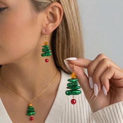 New Christmas Tree Stud Earrings Necklace Set Christmas Creative Party Pearl Ornaments