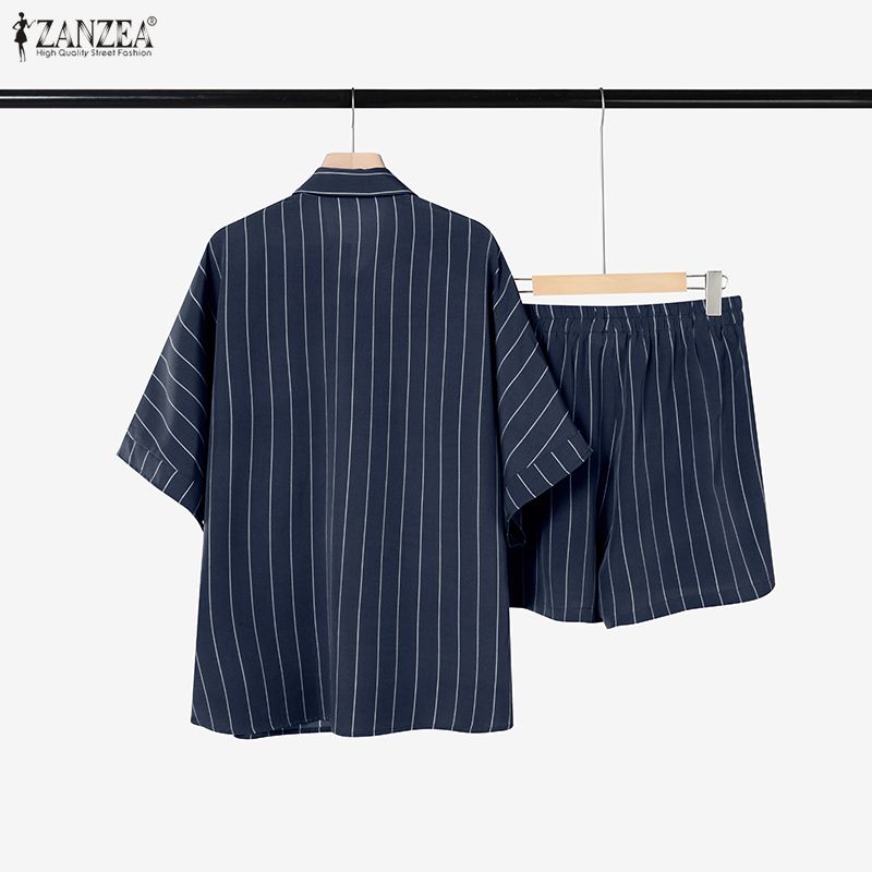 ZANZEA Women Stripe Print Short Sleeve Blouse and Shorts Summer Two Piece Suit Sets