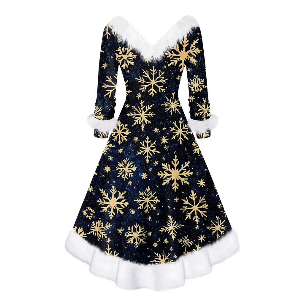 Women's Fashion V-neck Casual Fit Christmas Print Party Long Sleeve Dress