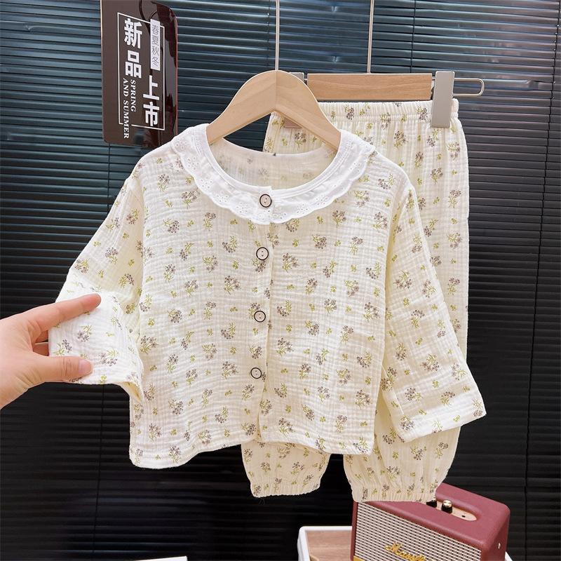 Children's Thin Set Boys' Pajamas Summer Two-piece Set Girls' Baby Lace and Lace Air Conditioning Home Suit Set